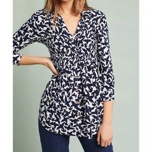 Anthropologie Maeve Alexa Smocked Buttondown Bird Print Tunic Top Size Small